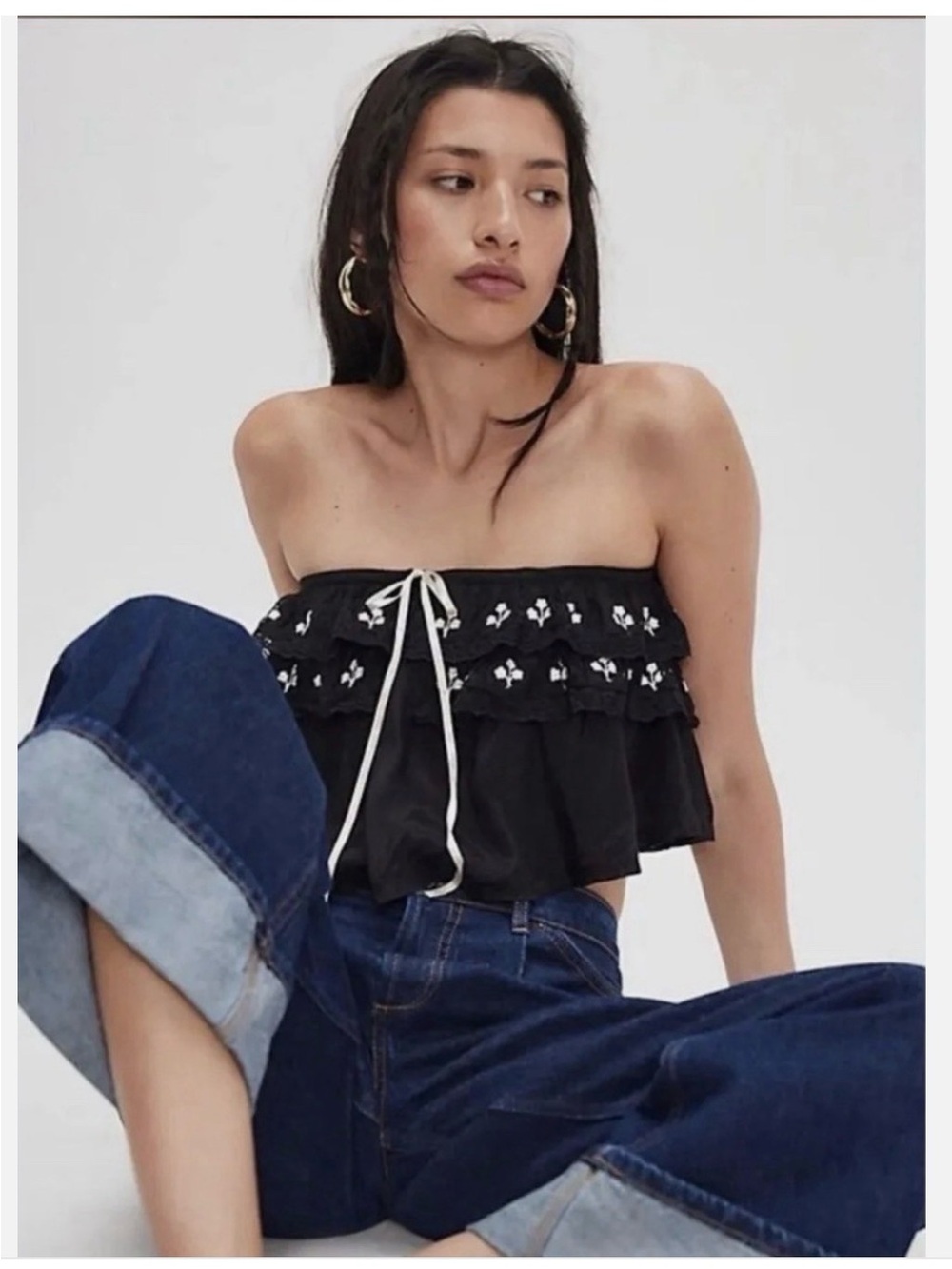 Free People Black Strapless Ruffle Embroidered Crop Camisole